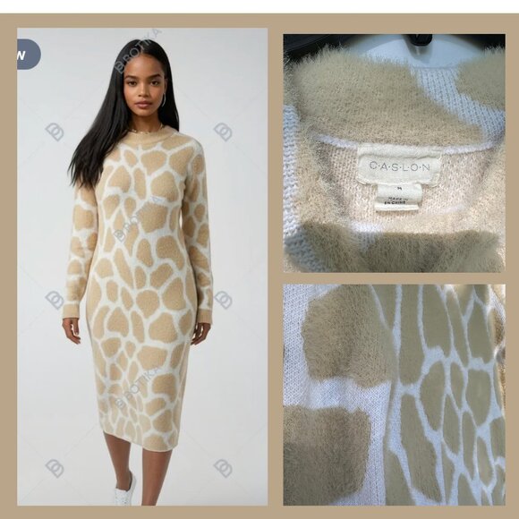 Caslon Sweater Dress Women’s Size M – Giraffe Print Long Sleeve Midi Knit Beige - Picture 1 of 2